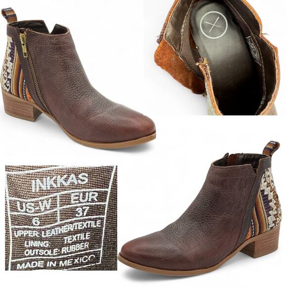 Inkkas Peruvian Brown Leather sz 6 Almond Toe Outside Side Zip Ankle Bootie Boot - Picture 8 of 9